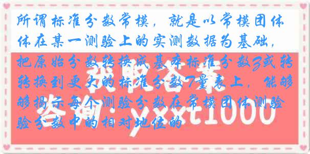 所谓标准分数常模，就是以常模团体在某一测验上的实测数据为基础，把原始分数转换成基本标准分数Z或转换到更大的标准分数T量表上，能够揭示每个测验分数在常模团体测验分数中的相对地位的