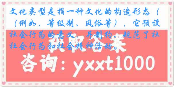 文化类型是指一种文化的构造形态（例如，等级制、风俗等），它预设社会行为的意义，并制约、规范了社会行为和社会精神活动。