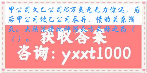 甲公司欠乙公司10万美元无力偿还，后甲公司被乙公司吞并，债的关系消灭。大陆法将此种消灭方式称之为（ ）。