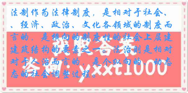 法制作为法律制度，是相对于社会、经济、政治、文化各领域的制度而言的，是横向的制度性的社会上层建筑结构的要素之一。法治则是相对于人治而言的，是个纵向的、动态的社会调整过程。