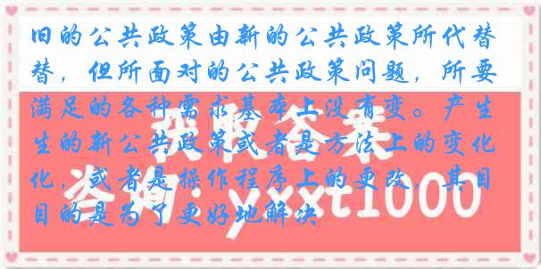 旧的公共政策由新的公共政策所代替，但所面对的公共政策问题，所要满足的各种需求基本上没有变。产生的新公共政策或者是方法上的变化，或者是操作程序上的更改，其目的是为了更好地解决
