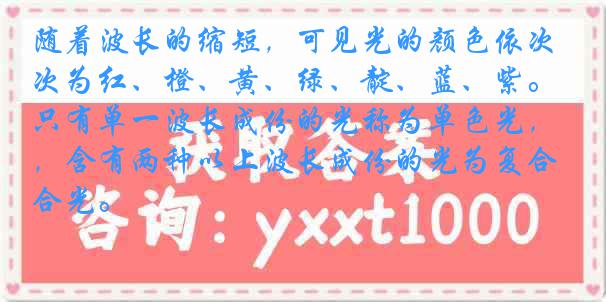 随着波长的缩短，可见光的颜色依次为红、橙、黄、绿、靛、蓝、紫。只有单一波长成份的光称为单色光，含有两种以上波长成份的光为复合光。