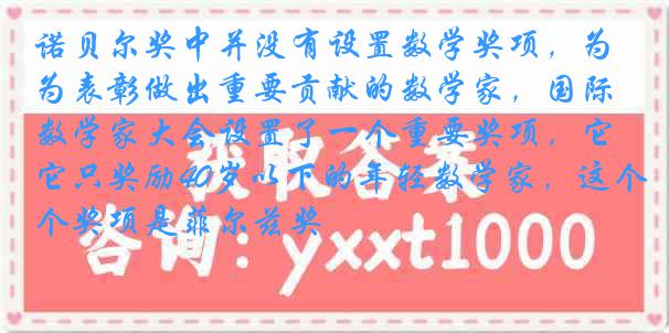 诺贝尔奖中并没有设置数学奖项，为表彰做出重要贡献的数学家，国际数学家大会设置了一个重要奖项，它只奖励40岁以下的年轻数学家，这个奖项是菲尔兹奖